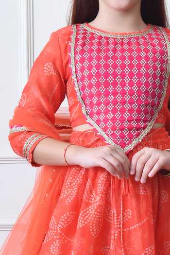 Petite Pomme_Orange Cotton, Polyester, Net Printed Lehenga Blouse Set _Online_at_Aza_Fashions
