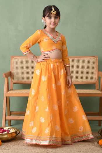 Petite Pomme_Yellow Cotton, Net, Polyester Floral Woven Lehenga Set _Online_at_Aza_Fashions
