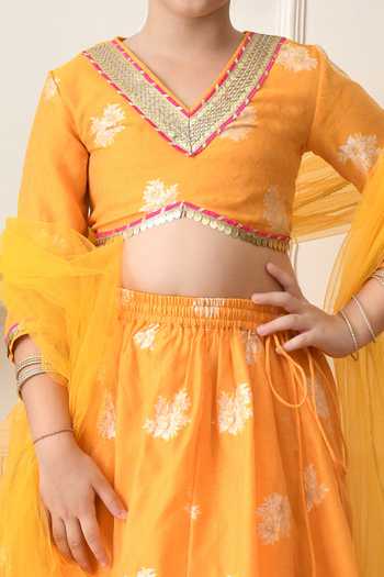 Buy_Petite Pomme_Yellow Cotton, Net, Polyester Floral Woven Lehenga Set _Online_at_Aza_Fashions