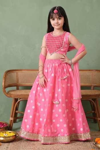 Petite Pomme_Pink Cotton, Net Floral Motif Lehenga Set _Online_at_Aza_Fashions