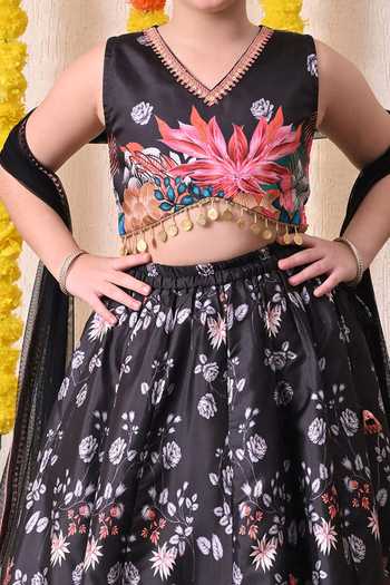 Petite Pomme_Black Cotton, Net, Polyester Floral Print Lehenga Set _Online_at_Aza_Fashions