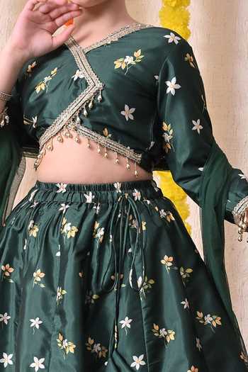 Petite Pomme Green Cotton, Net, Polyester Floral Print Lehenga Set Online at Aza Fashions Petite Pomme_Green Cotton, Net, Polyester Floral Print Lehenga Set _Online_at_Aza_Fashions