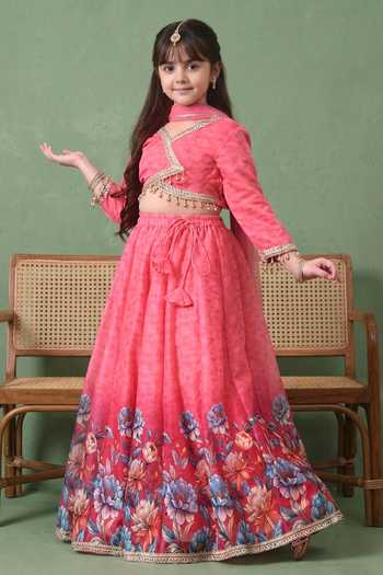 Buy Petite Pomme Pink Cotton, Net, Polyester Flower Print Lehenga Set Online at Aza Fashions Buy_Petite Pomme_Pink Cotton, Net, Polyester Flower Print Lehenga Set _Online_at_Aza_Fashions