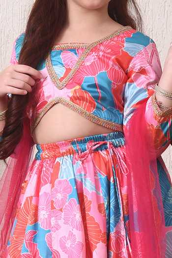 Petite Pomme Pink Cotton, Net, Polyester Floral Print Lehenga Set Online at Aza Fashions Petite Pomme_Pink Cotton, Net, Polyester Floral Print Lehenga Set _Online_at_Aza_Fashions