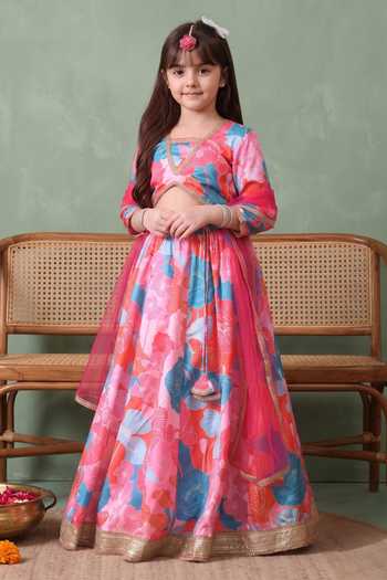 Buy Petite Pomme Pink Cotton, Net, Polyester Floral Print Lehenga Set Online at Aza Fashions Buy_Petite Pomme_Pink Cotton, Net, Polyester Floral Print Lehenga Set _Online_at_Aza_Fashions