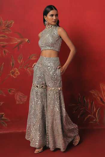 Twenty Nine Blue Net High Neck Hand Embroidered Crop Top Online at Aza Fashions Twenty Nine_Blue Net High Neck Hand Embroidered Crop Top _Online_at_Aza_Fashions