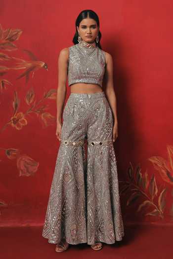 Shop Twenty Nine Blue Net High Neck Hand Embroidered Crop Top Online at Aza Fashions Shop_Twenty Nine_Blue Net High Neck Hand Embroidered Crop Top _Online_at_Aza_Fashions