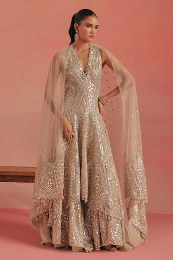 Twenty Nine_Gold Net Mirrorwork Applique Dupatta _Online_at_Aza_Fashions