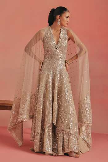 Buy_Twenty Nine_Gold Net Mirrorwork Applique Dupatta _Online_at_Aza_Fashions
