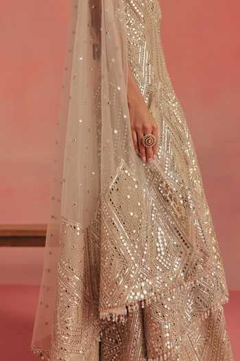Shop_Twenty Nine_Gold Net Mirrorwork Applique Dupatta _Online_at_Aza_Fashions