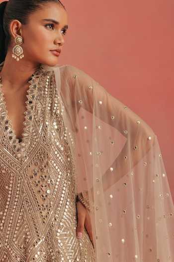 Twenty Nine_Gold Net Mirrorwork Applique Dupatta _at_Aza_Fashions