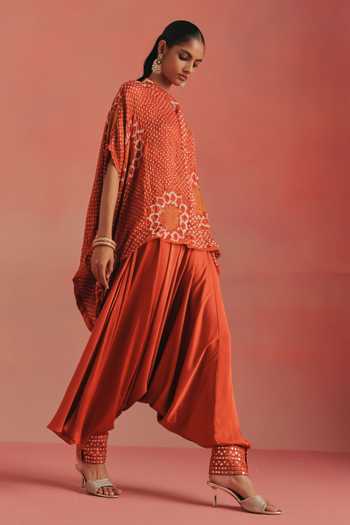 Twenty Nine Orange Silk, Satin Embroidery, Mirrors Afghani Draped Dhoti Pant Online at Aza Fashions Twenty Nine_Orange Silk, Satin Embroidery, Mirrors Afghani Draped Dhoti Pant _Online_at_Aza_Fashions