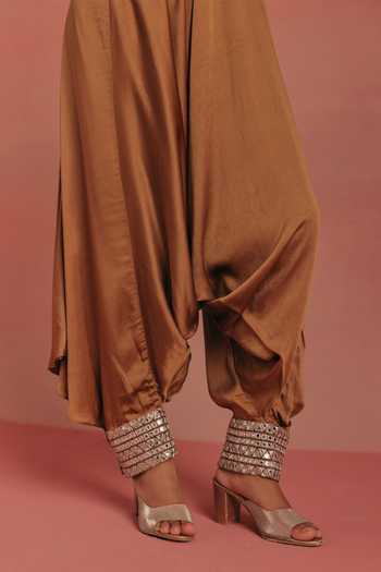 Buy Twenty Nine Brown Silk, Satin Afghani Draped Dhoti Pant Online at Aza Fashions Buy_Twenty Nine_Brown Silk, Satin Afghani Draped Dhoti Pant _Online_at_Aza_Fashions