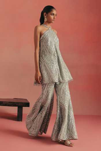 Twenty Nine Blue Net Mirror Work Bootcut Pant Online at Aza Fashions Twenty Nine_Blue Net Mirror Work Bootcut Pant _Online_at_Aza_Fashions