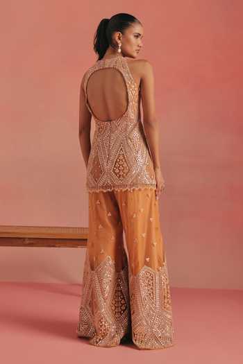 Shop Twenty Nine Orange Net Resham Applique Work Bootcut Pant at Aza Fashions Shop_Twenty Nine_Orange Net Resham Applique Work Bootcut Pant _at_Aza_Fashions