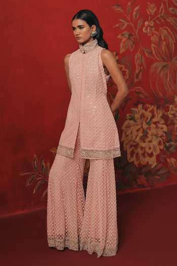 Shop Twenty Nine Pink Net Mirrorwork Bell Bottom Pant Online at Aza Fashions Shop_Twenty Nine_Pink Net Mirrorwork Bell Bottom Pant _Online_at_Aza_Fashions
