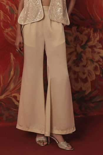 Twenty Nine Ivory Silk, Satin Bellbottom Pant Online at Aza Fashions Twenty Nine_Ivory Silk, Satin Bellbottom Pant _Online_at_Aza_Fashions