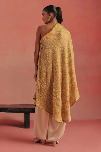 Shop Twenty Nine Yellow Silk One Shoulder Ruffle Bandhani Dress at Aza Fashions Shop_Twenty Nine_Yellow Silk One Shoulder Ruffle Bandhani Dress _at_Aza_Fashions
