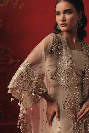 Buy_Twenty Nine_Silver Tulle Mirrorwork Overlay Cape _Online_at_Aza_Fashions
