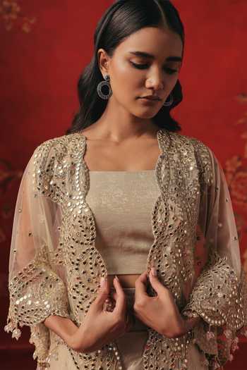Shop_Twenty Nine_Silver Tulle Mirrorwork Overlay Cape _Online_at_Aza_Fashions