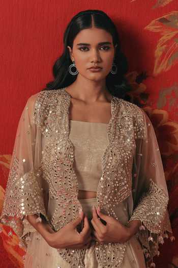 Twenty Nine_Silver Tulle Mirrorwork Overlay Cape _at_Aza_Fashions