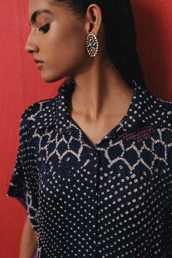 Shop Twenty Nine Blue Silk Collared Neck Oversize Bandhani Shirt Online at Aza Fashions Shop_Twenty Nine_Blue Silk Collared Neck Oversize Bandhani Shirt _Online_at_Aza_Fashions