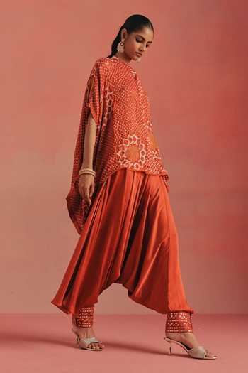 Twenty Nine Orange Silk Mandarin Collar Band Bandhani Tunic Online at Aza Fashions Twenty Nine_Orange Silk Mandarin Collar Band Bandhani Tunic _Online_at_Aza_Fashions