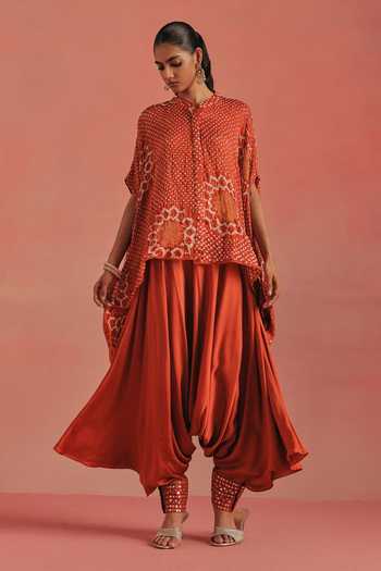 Shop Twenty Nine Orange Silk Mandarin Collar Band Bandhani Tunic Online at Aza Fashions Shop_Twenty Nine_Orange Silk Mandarin Collar Band Bandhani Tunic _Online_at_Aza_Fashions
