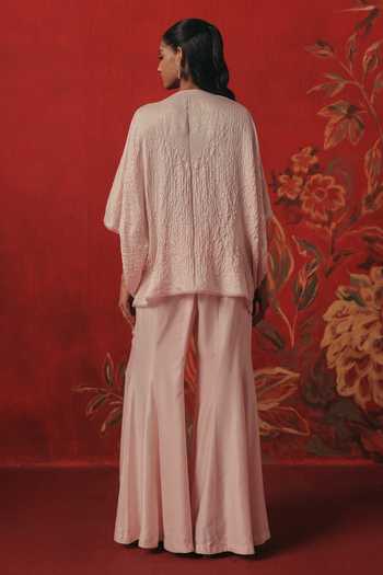 Shop Twenty Nine Pink Silk V-, Cowl Overlap Draped Bandhani Top at Aza Fashions Shop_Twenty Nine_Pink Silk V-, Cowl Overlap Draped Bandhani Top _at_Aza_Fashions