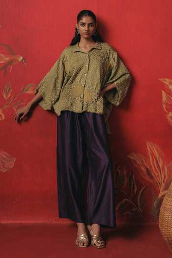 Buy Twenty Nine Olive Green Silk Button-down Neck Oversize Long Bandhani Shirt Online at Aza Fashions Buy_Twenty Nine_Olive Green Silk Button-down Neck Oversize Long Bandhani Shirt _Online_at_Aza_Fashions