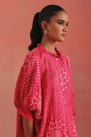 Twenty Nine Pink Silk High Neck Oversized Bandhani Shirt at Aza Fashions Twenty Nine_Pink Silk High Neck Oversized Bandhani Shirt _at_Aza_Fashions