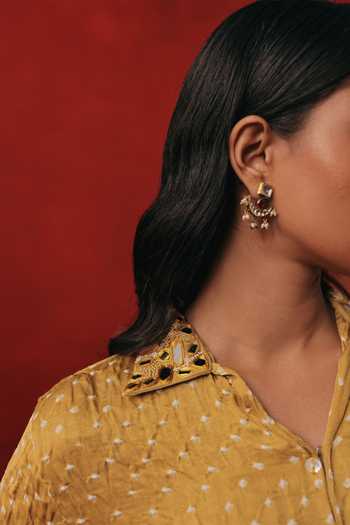 Twenty Nine Yellow Silk Collared Neck A-line High Low Bandhani Shirt Online at Aza Fashions Twenty Nine_Yellow Silk Collared Neck A-line High Low Bandhani Shirt _Online_at_Aza_Fashions