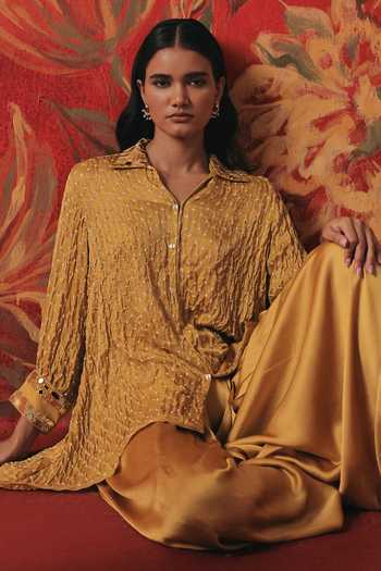 Shop Twenty Nine Yellow Silk Collared Neck A-line High Low Bandhani Shirt Online at Aza Fashions Shop_Twenty Nine_Yellow Silk Collared Neck A-line High Low Bandhani Shirt _Online_at_Aza_Fashions