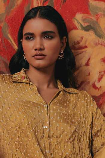 Twenty Nine Yellow Silk Collared Neck A-line High Low Bandhani Shirt at Aza Fashions Twenty Nine_Yellow Silk Collared Neck A-line High Low Bandhani Shirt _at_Aza_Fashions