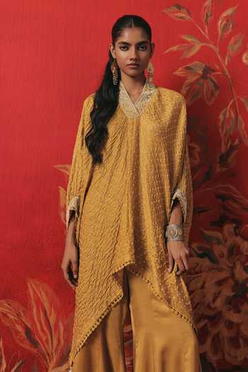 Buy_Twenty Nine_Yellow Silk V-neck Bandhani Kaftan _Online_at_Aza_Fashions