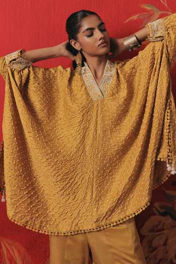Twenty Nine_Yellow Silk V-neck Bandhani Kaftan _at_Aza_Fashions
