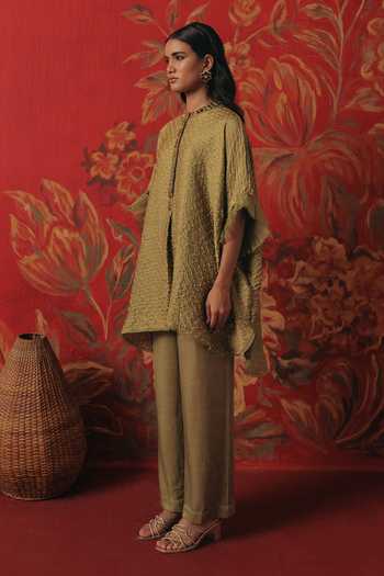 Buy_Twenty Nine_Green Silk Collared Neck Ruffled Sleeve Bandhani Tunic _Online_at_Aza_Fashions