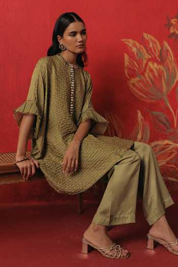 Shop_Twenty Nine_Green Silk Collared Neck Ruffled Sleeve Bandhani Tunic _Online_at_Aza_Fashions