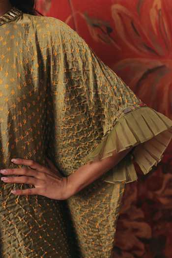 Twenty Nine_Green Silk Collared Neck Ruffled Sleeve Bandhani Tunic _at_Aza_Fashions