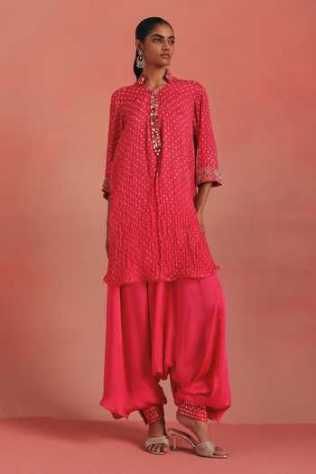 Shop Twenty Nine Pink Silk Mandarin Collar Bandhani Short Tunic at Aza Fashions Shop_Twenty Nine_Pink Silk Mandarin Collar Bandhani Short Tunic _at_Aza_Fashions