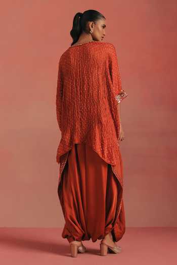 Shop Twenty Nine Orange Silk Round Neck Placed Embroidered Bandhani Tunic at Aza Fashions Shop_Twenty Nine_Orange Silk Round Neck Placed Embroidered Bandhani Tunic _at_Aza_Fashions