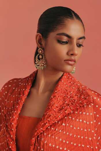 Buy Twenty Nine Orange Silk Open Neck Overlay Short Bandhani Jacket Online at Aza Fashions Buy_Twenty Nine_Orange Silk Open Neck Overlay Short Bandhani Jacket _Online_at_Aza_Fashions