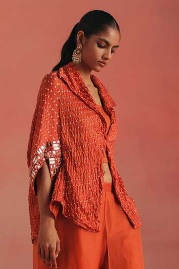 Shop Twenty Nine Orange Silk Open Neck Overlay Short Bandhani Jacket Online at Aza Fashions Shop_Twenty Nine_Orange Silk Open Neck Overlay Short Bandhani Jacket _Online_at_Aza_Fashions