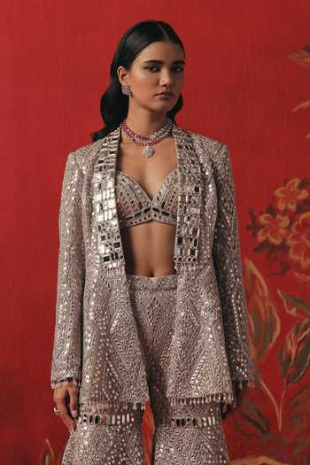 Twenty Nine Silver Net Shawl Neck Collar Mirror Work Jacket Online at Aza Fashions Twenty Nine_Silver Net Shawl Neck Collar Mirror Work Jacket _Online_at_Aza_Fashions