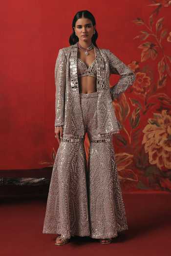 Buy Twenty Nine Silver Net Shawl Neck Collar Mirror Work Jacket Online at Aza Fashions Buy_Twenty Nine_Silver Net Shawl Neck Collar Mirror Work Jacket _Online_at_Aza_Fashions