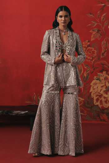 Shop Twenty Nine Silver Net Shawl Neck Collar Mirror Work Jacket Online at Aza Fashions Shop_Twenty Nine_Silver Net Shawl Neck Collar Mirror Work Jacket _Online_at_Aza_Fashions