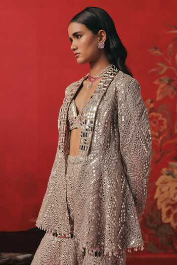 Twenty Nine Silver Net Shawl Neck Collar Mirror Work Jacket at Aza Fashions Twenty Nine_Silver Net Shawl Neck Collar Mirror Work Jacket _at_Aza_Fashions