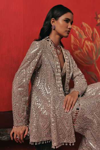Shop Twenty Nine Silver Net Shawl Neck Collar Mirror Work Jacket Shop_Twenty Nine_Silver Net Shawl Neck Collar Mirror Work Jacket