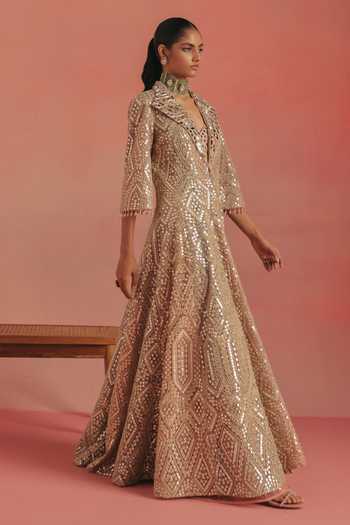 Twenty Nine Pink Net V-neck Mirrorwork Wing Collar Long Anarkali Jacket Online at Aza Fashions Twenty Nine_Pink Net V-neck Mirrorwork Wing Collar Long Anarkali Jacket _Online_at_Aza_Fashions