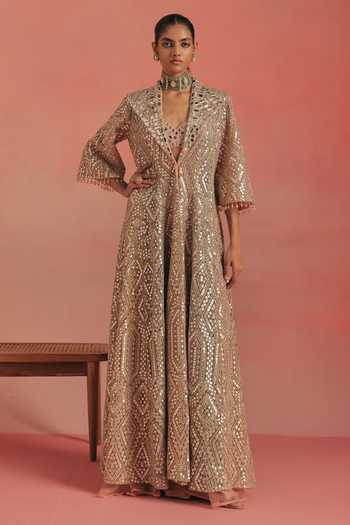 Twenty Nine Mirrorwork Wing Collar Long Anarkali Jacket 